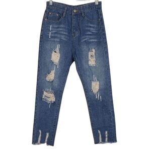 High Rise Distressed Mom Jeans Medium Wash Womens